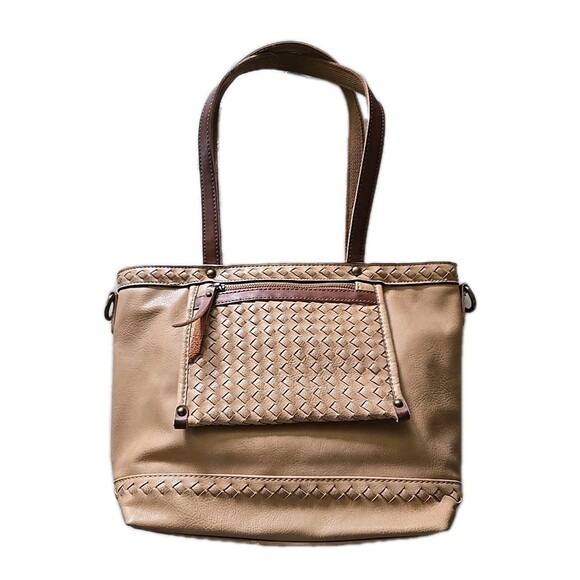 Mona B  Shoulder Bag Vegan Leather Purse Tan Basketweave Zip Pockets 10" x 9" - Picture 2 of 10